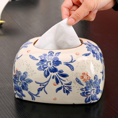 新中式高级感陶瓷纸巾盒青花瓷家用抽纸盒民宿客厅床头柜餐巾纸盒
