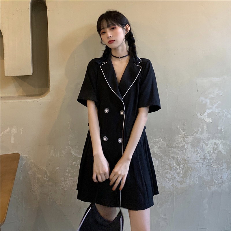 Real price ~ summer new Korean suit collar pleated skirt Short Sleeve Dress