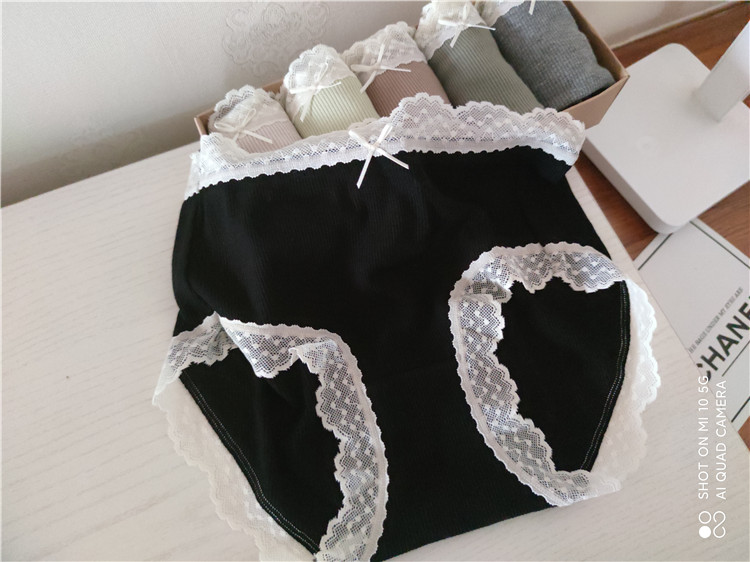 日系春夏款女士螺纹棉中腰包臀内裤蕾丝边无痕大码高弹力三角透气