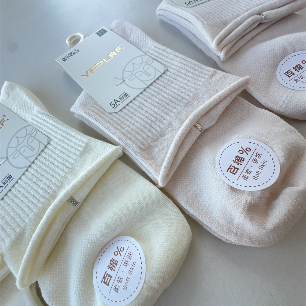 鹿人女士百棉袜子10棉中筒薄款