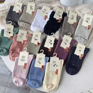 L5013鹿人女士全棉袜子百棉中筒松口袜无骨无缝防臭高品质新疆棉