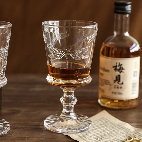 玻璃杯红酒杯蜻蜓浮雕高脚杯