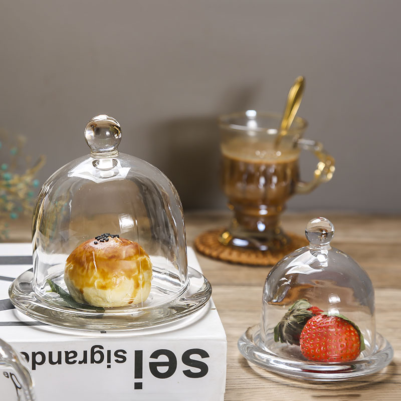 带盖玻璃罩面包甜品盘蛋糕托盘透明展示盘子甜点试吃盘水果防尘罩