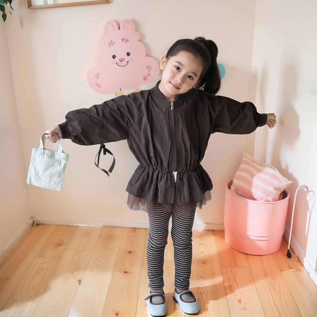 韩版童装女童秋装2024新款风衣女宝宝洋气甜美网纱裙摆拼接外套潮