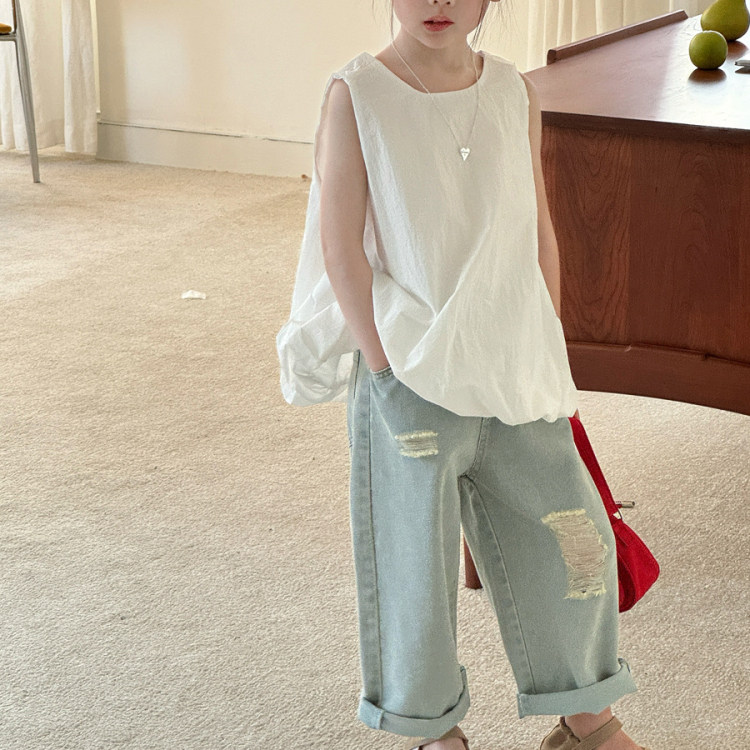 女童夏季新款韩版灯笼背心女宝宝纯色花苞娃娃上衣破洞牛仔裤子潮