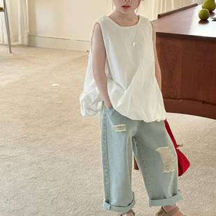 女童夏季新款韩版灯笼背心女宝宝纯色花苞娃娃上衣破洞牛仔裤子潮