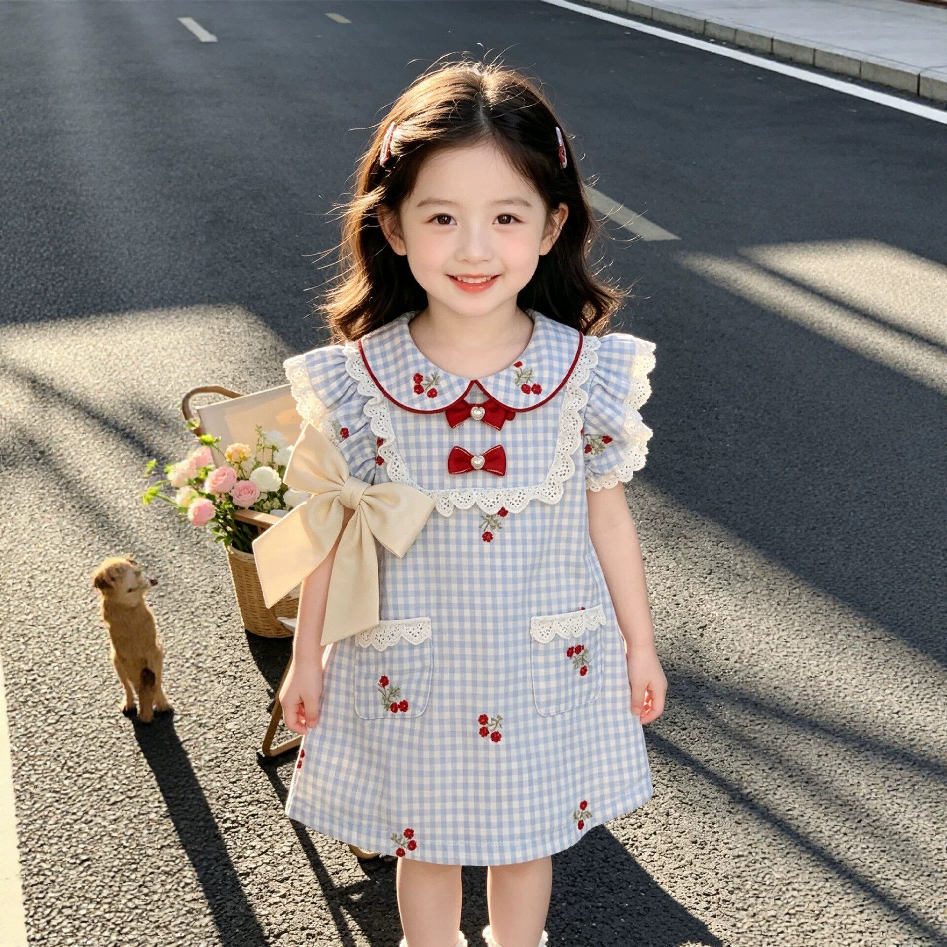 夏季女童格子公主连衣裙蝴蝶结