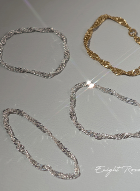 Enight Rose/S925纯银水波纹软链条麻花戒指14k包金波浪软戒尾戒