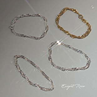 Enight Rose/S925纯银水波纹软链条麻花戒指14k包金波浪软戒尾戒