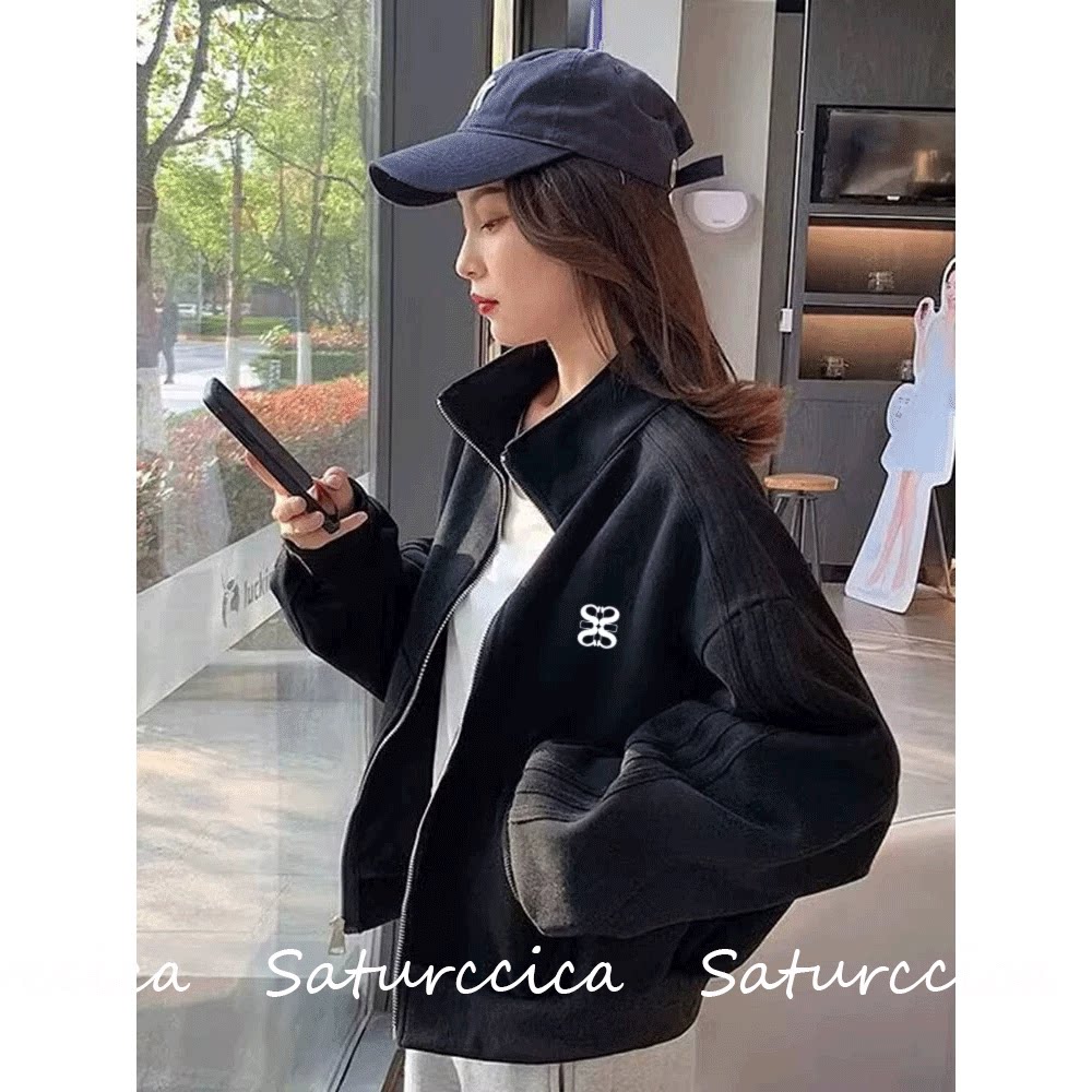 韩国Saturccica专柜正品秋冬新品黑色宽松外套女夹克慵懒开衫上衣