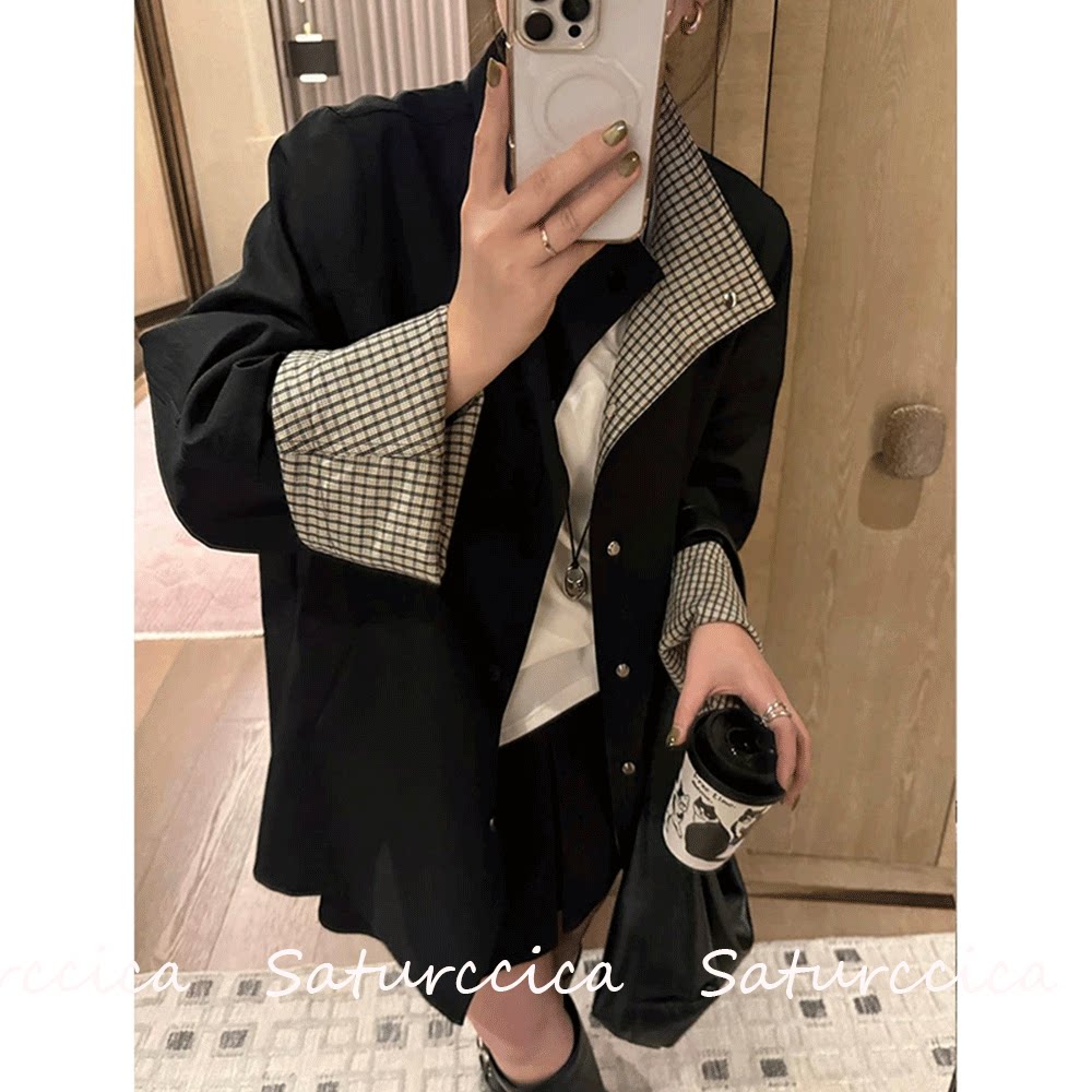 秋冬两面穿格子立领风衣女短款