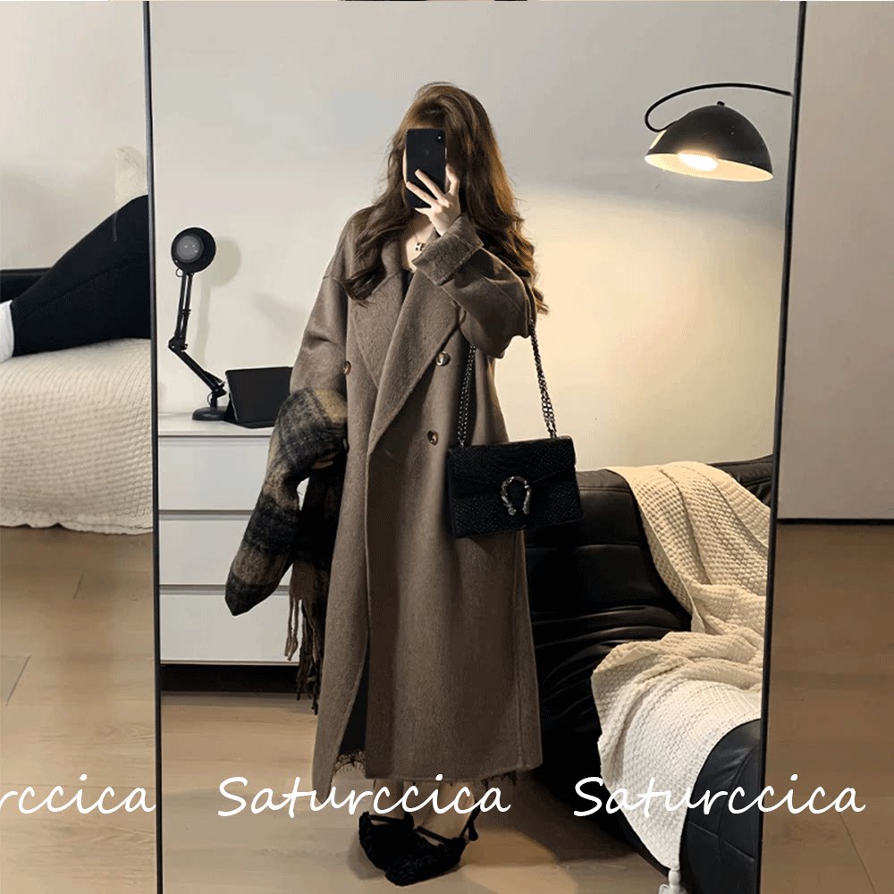 Saturccica官网正品美拉德棕色双面羊毛大衣2026秋冬新款女装外套