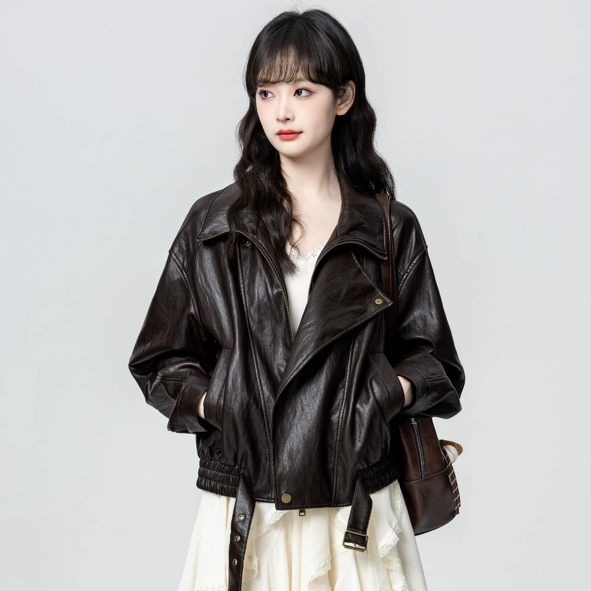 韩国专柜正品春秋短款皮衣女