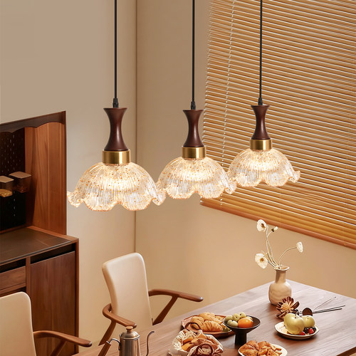 餐厅灯中古日式田园风餐桌吧台灯胡桃木色极简创意卧室床头小吊灯