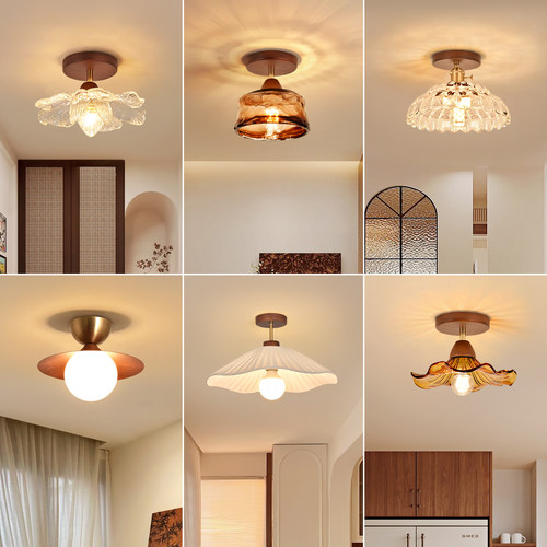 过道灯走廊灯北欧个性创意入户玄关灯中古实木风进门阳台吸顶灯具