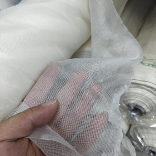 米白色真丝细网眼纱100%蚕丝 硬纱 10姆米轮廓真丝支绫感防晒衣布