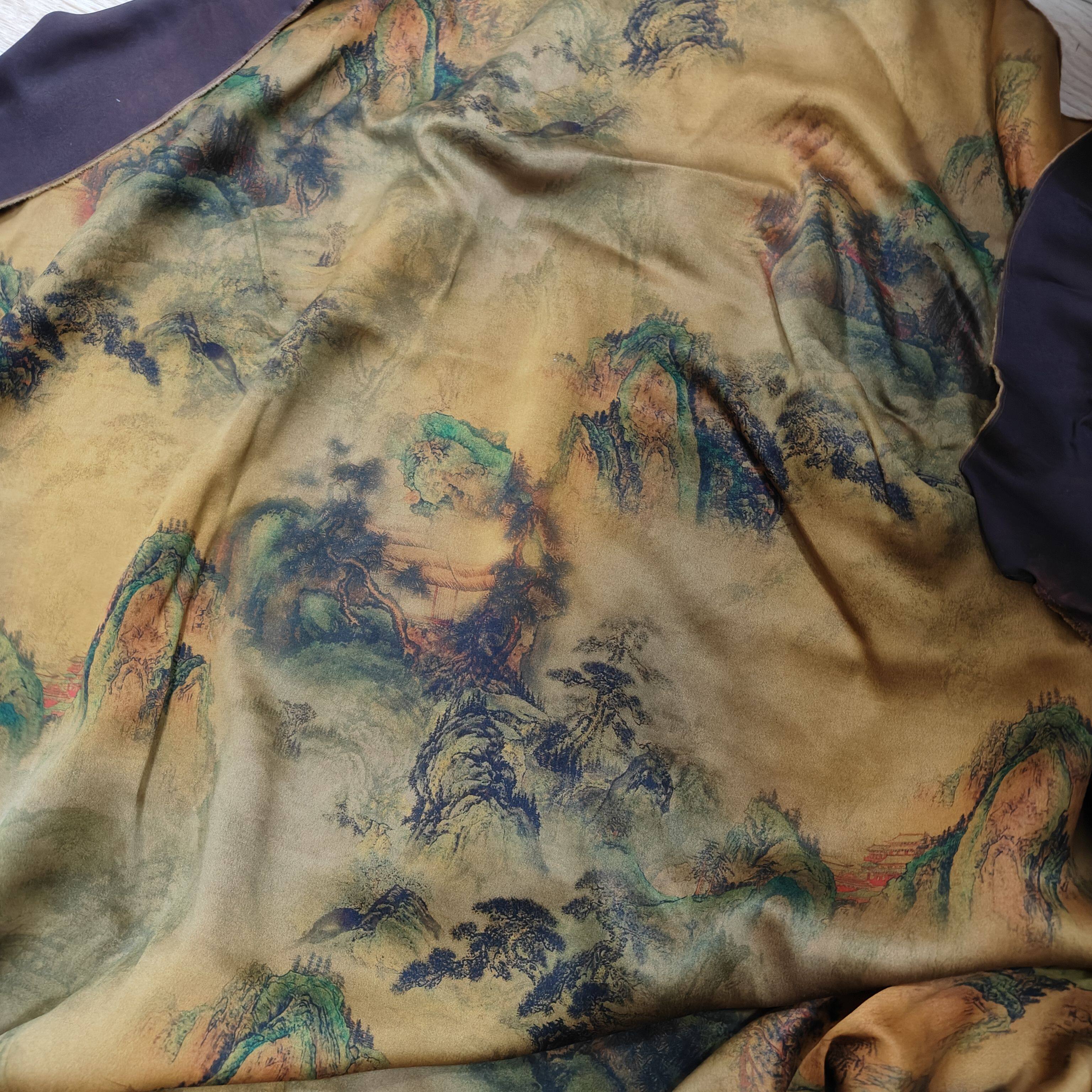 重磅皮子缎香云纱 小千里江山图丝绸 40姆米顺德过泥真丝时装布料