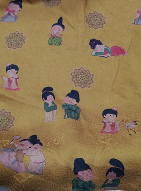 真丝绞萝丝绸香云纱卡通唐宫人物面料 全孔花萝黄色小唐人布料