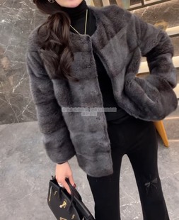 欧洲站2025秋冬新款高级感立领横纹水貂毛外套气质高奢皮草女大衣