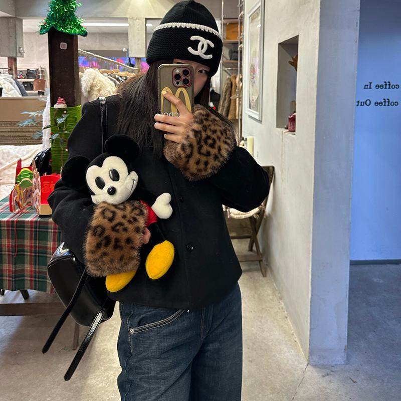 豹纹毛领短外套黑色毛呢小个子女