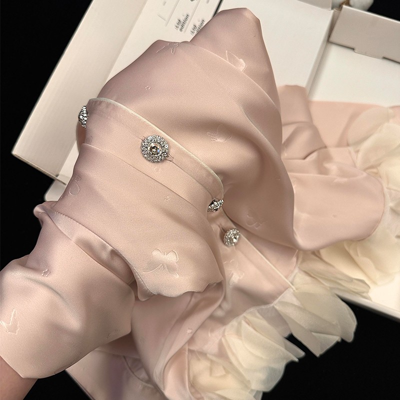 睡衣女秋季新款冰丝绸长袖长裤粉色花瓣千金感甜美少女家居服套装