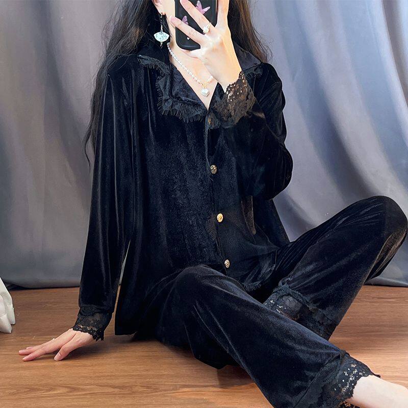 睡衣女春秋冬季金丝绒新款长袖套装性感蕾丝拼接秋冬厚款家居服