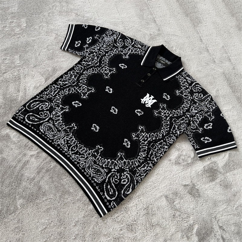 thumbnail for Summer pattern embroidery high street American luxury cashew flower jacquard knitted polo shirt short sleeve unisex