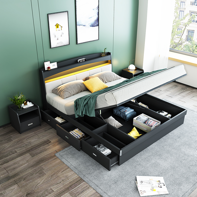 北欧双人床高箱气动收纳主次