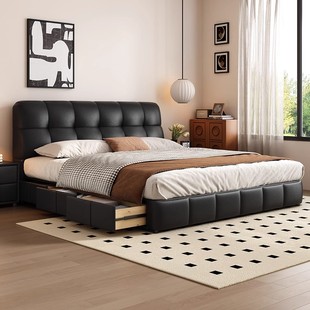 真皮床意式 极简头层牛皮高端主卧双人床大床1.8m现代简约储物婚床