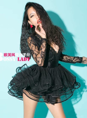 妖风少女BOSSY LADY2012冬新款欧美风超性感妩媚蕾丝网纱连衣裙