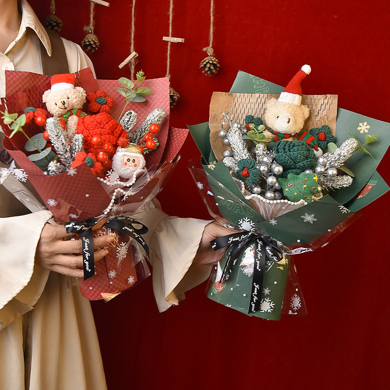 新款圣诞节礼物花束成品针织花圣诞小熊送女友平安夜圣诞老人礼品