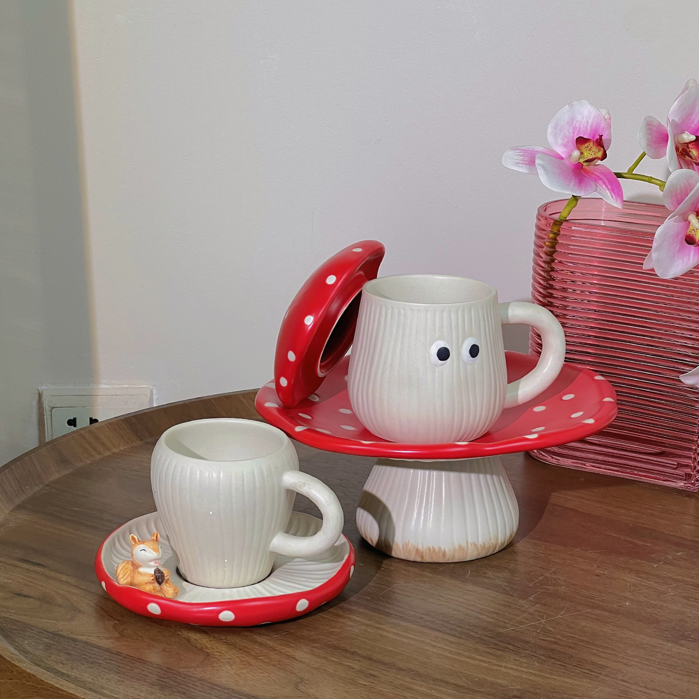 红色蘑菇点点可爱茶杯带把茶杯茶壶托盘田园陶瓷泡面碗隔热咖啡杯