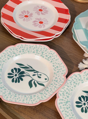 日式花边蓝色花花蝴蝶边红蓝撞色田园风盘子甜品盘早餐盘小碟子