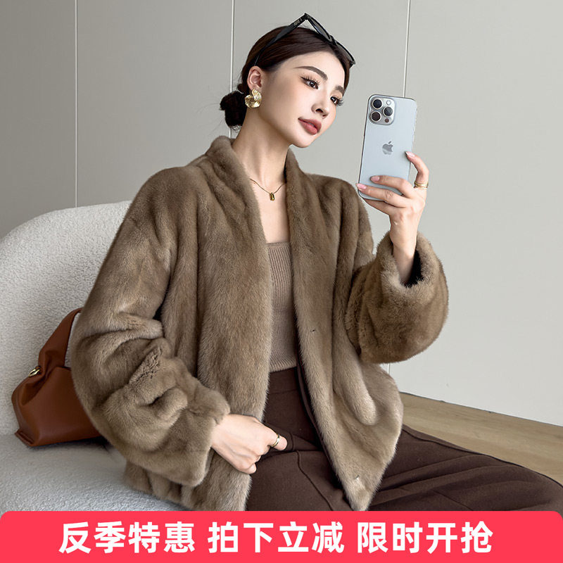 水貂皮大衣女整貂短款皮草貂毛外套2025年冬季新款V领年轻款