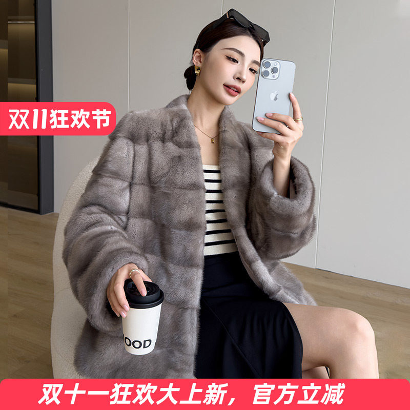 水貂皮大衣女进口整貂皮草外套时尚横排2026冬季新款真貂毛短款