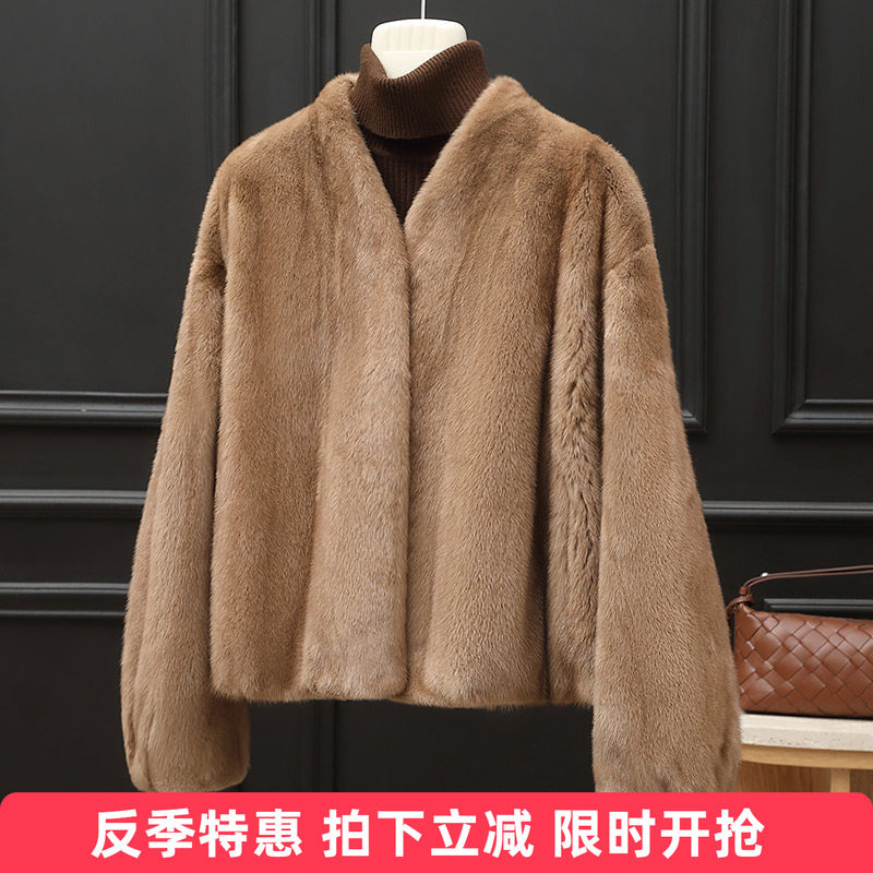 进口水貂皮大衣女整皮短款V领外套百搭简约保暖真貂毛时尚年轻款
