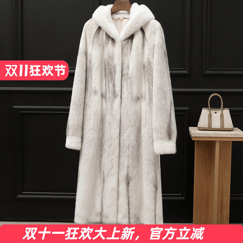 十字貂皮大衣女中长款带连帽直筒版2025新款海宁水貂整貂皮草外套