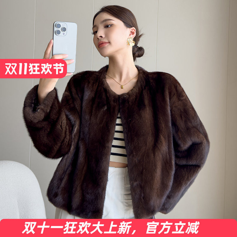 水貂皮大衣女整貂皮草外套时尚圆领本色母貂毛短款2026新海宁裘皮