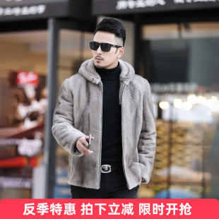 水貂毛冬季男整貂海宁新款带帽拉链夹克皮草时尚男士休闲大衣裘皮