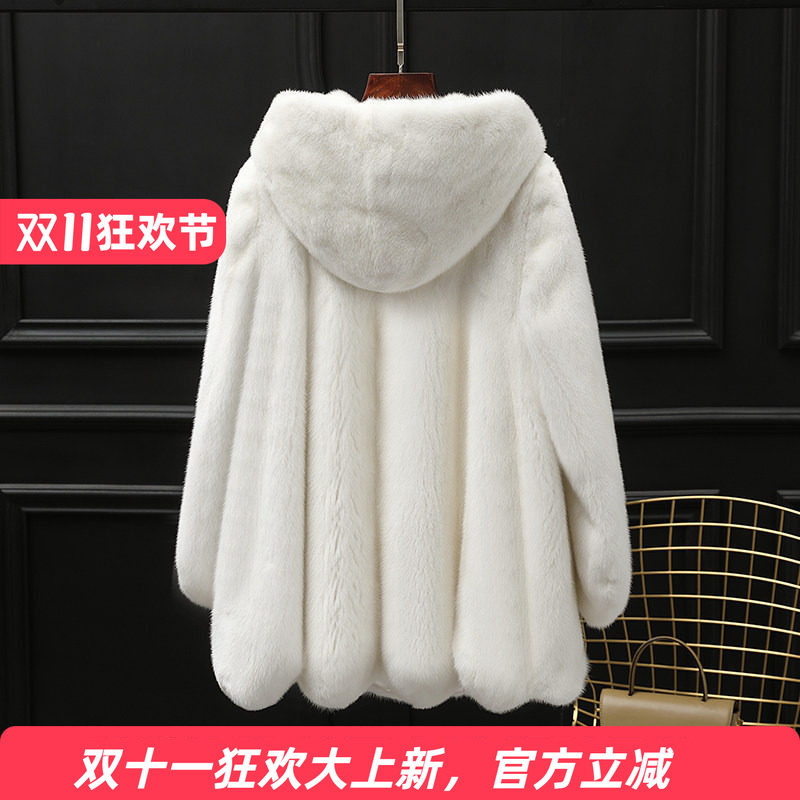 水貂毛整貂皮外套大衣女整貂带帽新款母貂本色海宁皮草外套年轻款