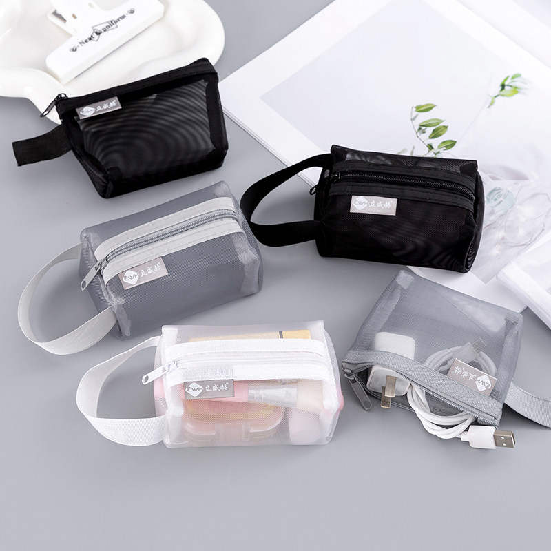 简约尼龙立体方形网纱三角零钱包钥匙包卡片包零钱袋透明收纳袋