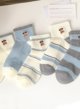 可爱卡通小狗袜子女夏季新品ins风精品刺绣吸汗透气条纹短袜女袜
