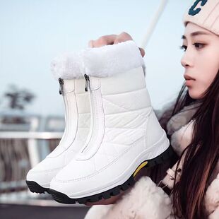 白色雪地靴女学生中筒高帮加厚保暖大棉鞋防水防滑东北户外滑雪鞋