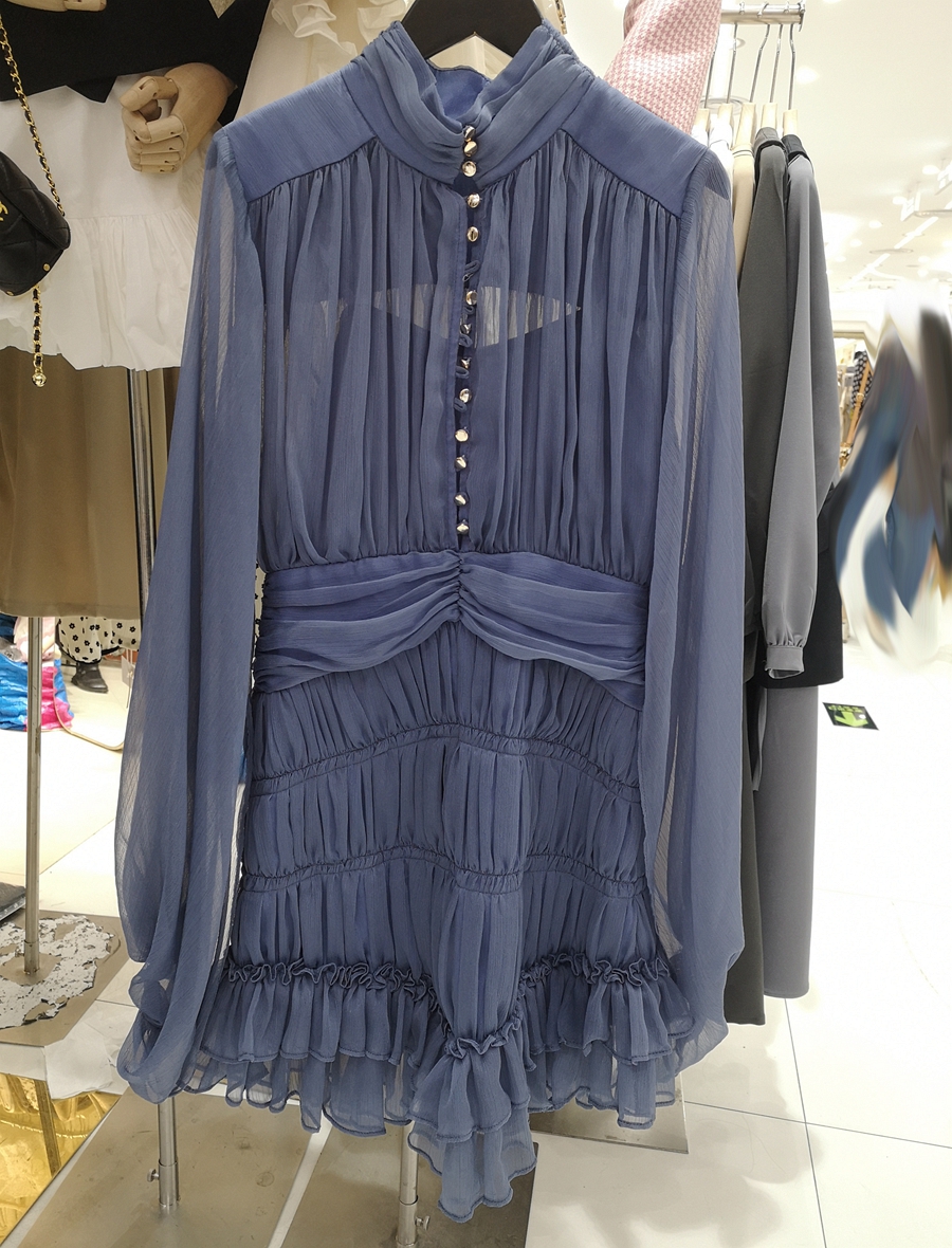 澳洲小众褶皱荷叶边雪纺连衣裙