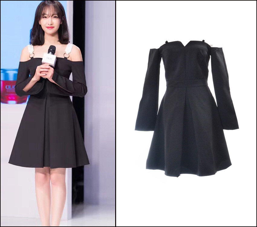 宋茜明星同款2022年秋季名媛喇叭袖一字领显瘦a字气质修身连衣裙