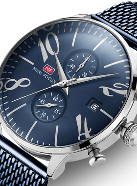 MINIFOCUS曲面玻璃手表男士弧形玻璃高级感计时功能钢带商务腕表