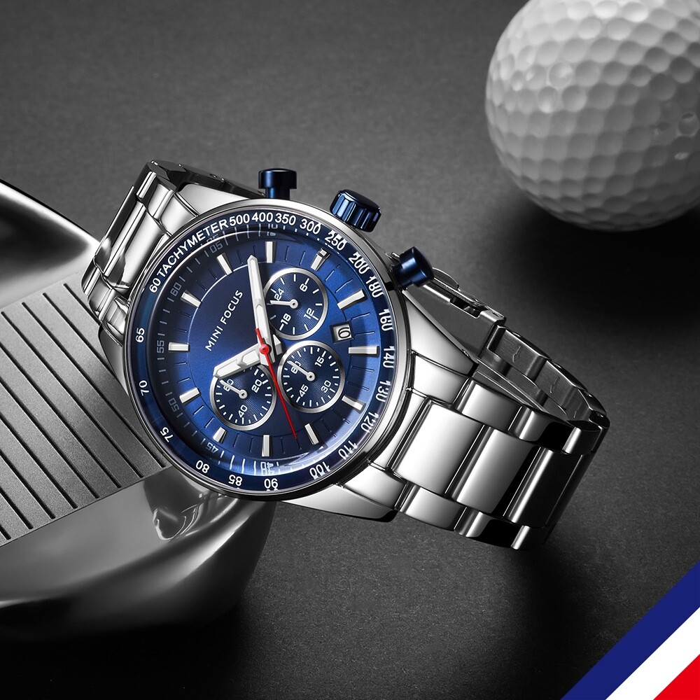 正装精致男手表MINIFOCUS实心钢链带蓝百搭衬衫西装商务防水腕表