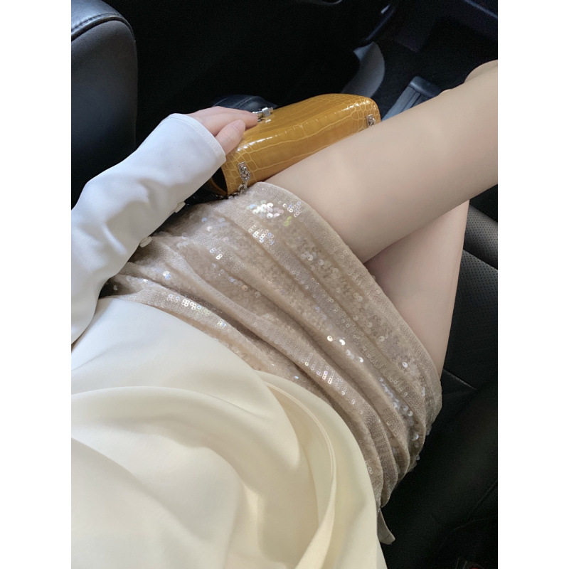 杏色辣妹早秋半身裙女新款条纹亮片a字裙低腰百搭气质休闲短裙子