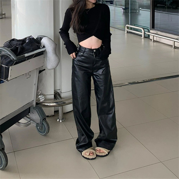 大码胖mm黑色PU皮裤微喇阔腿裤女高腰宽松垂感加长喇叭拖地长裤秋