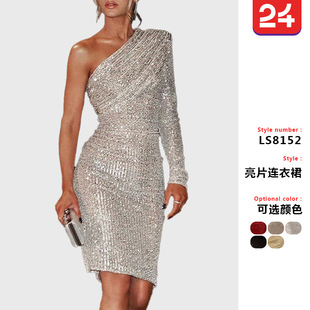 2025跨境欧美单肩连衣裙斜领裹胸晚礼服时尚亮片夜店性感女装